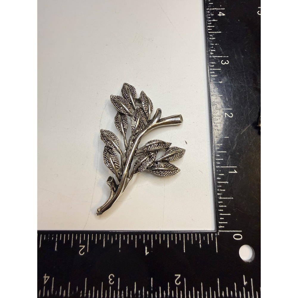 Silver Tone Leafy Branch Brooch Botanical Nature Inspired Textured Pin